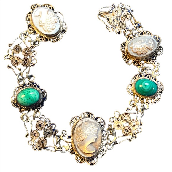 Antique Abalone Cameo Wire work Filagree Green Murano glass Italy Bracelet - Picture 10 of 10